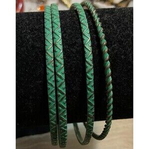 4 Antiqued Green/Blue with Geometric Design Metal Bracelets.